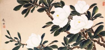 A GOOD 20TH CENTURY CHINESE SCROLL PAINTING, depicting a tree large white blossom, signed and with