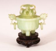 A SMALL CHINESE JADE CENSER, COVER AND STAND, 12cm wide.