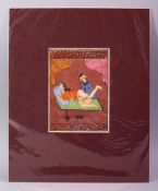 AN INDIAN HAND PAINTED MANUSCRIPT PAGE, depicting a couple in erotic scene, image size 20cm x 14cm.