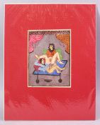 AN INDIAN HAND PAINTED MANUSCRIPT PAGE, depicting a couple in erotic scene, image size 19cm x 14cm.