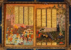 A DOUBLE PERSIAN MINIATURE PRINT - depicting figures interior and figures and horses exterior,