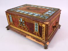 AN UNUSUAL POSSIBLY ISLAMIC ENAMEL AND LEATHER BOUND WOODEN BOX, with inset enamel panels, leather