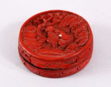 A 19TH CENTURY CHINESE CINNABAR LACQUER BOX & COVER, carved with a figure in a landscape, 4.5cm