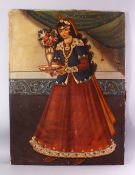 AN EARLY 20TH CENTURY INDIAN SCHOOL FULL LENGTH PORTRAIT OF A WOMAN carrying a dish and vase of