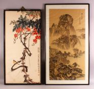 20TH CENTURY CHINESE SCHOOL, mountainous landscape with trees and buildings, signed, image 87cm x