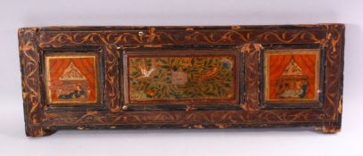 A 19TH CENTURY PAINTED WOODEN PANEL, decorated with panels of figures, birds and flora, 81.5cm x