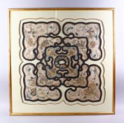 A LARGE QING DYNASTY CHINESE EMBROIDERED FRAMED SILK COLLAR, 80cm square.