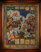 A 20TH CENTURY PERSIAN MINIATURE PRINT, of figures and animals in landscapes, ith gilt highlights,