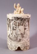 AN EARLY 20TH CENTURY JAPANESE CARVED IVORY TUSK VASE AND COVER, the exterior carved with numerous