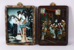 TWO CHINESE REVERSED PAINTINGS ON GLASS, one depicting a pair of ladies on a balcony, the other with
