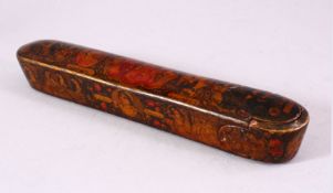 A GOOD QAJAR QUALAMDAN / PAPIER MACHE PENBOX, well painted with portrait busts and figure groups,