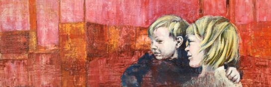 20th century school, A study of a mother and child with abstract background, oil on board, 11