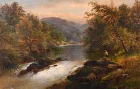 George B. Yarnold (19 century) British, Angler by waterfall at dusk with mountains beyond, signed,