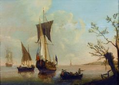 Attributed to Francis Swain (1725-1782) British, An Admiralty yacht at anchor, oil on panel, 7.25