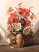 V. Majorana (20th century) continental school, A still life of mixed flowers in a terracotta jug,