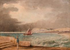 19th century French school, a coastal scene with a soldier walking along the promenade with boat and
