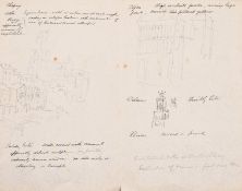 Circle of John Ruskin, Architectural views in France, a kneeling figure and an architectural sketch,
