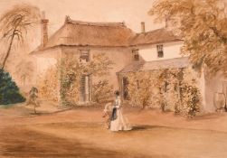 Attributed to C.F. Buckley, A lady and a child outside a cottage, watercolour, 9
