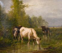 Pierre Martinez Del Rio (19th century) A scene of cattle watering in a rural landscape, oil on