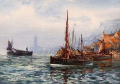 Frederick William Scarborough (1860-1939) British, Boats in the harbour with a rocky coastline
