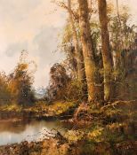 20th century European School, A wooded landscape with mountains beyond, oil on canvas,