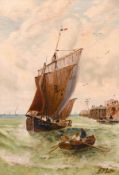 J. F. Slater, A continental port scene with shipping at full sail, oil on canvas, signed, 20