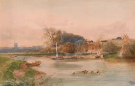 Henry Charles Fox (b.1860) British, A view across a river with buildings and a church beyond,