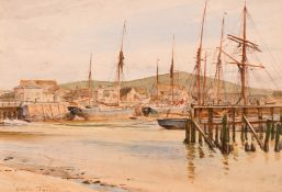 Walter Tyndale (1855-1943) British, A harbour scene with moored boats at low tide, watercolour,