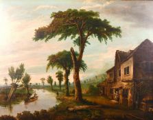 Early 19th century Continental School, A view of a riverside cottage with hills beyond, oil on