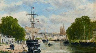 Gerard Roux (b. 1946) French, A scene of sailboats with figures on the quayside, oil on panel,