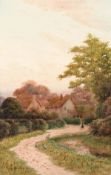 George Oyston (1861-1937) British, figure in a pathway before cottages, watercolour, signed and