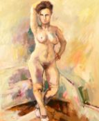 20th century school, a standing female nude in the artist's studio, oil on canvas, 24