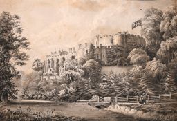 19th century, A castle landscape with two figures in the foreground, ink & wash, unframed, 10