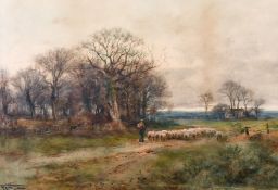 Henry Charles Fox (1855-1929) British school, circa 1902, A Shepherd and his flock on a country path