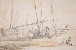 19th century, 'DEAL LUGGERS', A fishing port scene depicting boat and net maintenance, pencil
