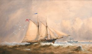 Charles de Lucy (1856-1929) British, a twin masted ship with a distant steam vessel, watercolour,