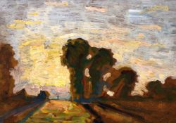 John Brown (20th century) Scottish, Trees in a landscape at dusk, oil on board, with initials, 10