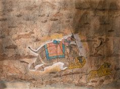19th century Indian school, A Kota School painting of a hunting scene with Maharajah on an