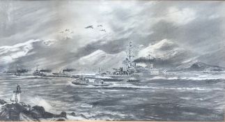 Early 20th century British school, A scene of a battleship leaving port accompanied by a flotilla,