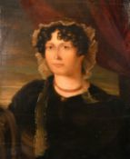 19th century English school, A bust length portrait of a lady in a bonnet with a landscape beyond,
