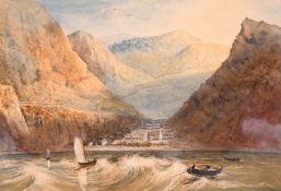 A coastal town surrounded by mountains, with sailing scene in the foreground, watercolour, unframed,