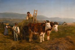 Henry Moore (1831-1895) British, A harvesting scene with figures loading hay, wildflowers and