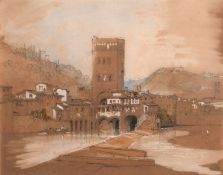 Early 20th century Italian school, An Italian river landscape with buildings and hills beyond, mixed