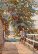 Charles Haigh-Wood (1854-1927). Children on a bridge with trees beyond, watercolour, signed, 19