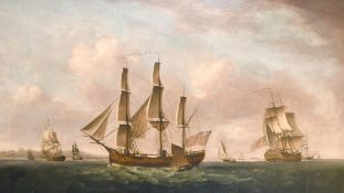 Attributed to Francis Holman (1729-1784) British, the Columbus in three positions off the coast with
