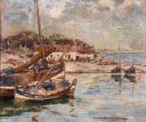 Gertrude Mary Coventry (1886-1964) Scottish, a Continental coastal scene with boats and figures
