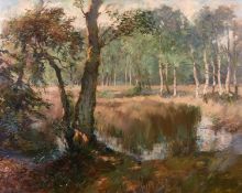 Edward Swan (b. 1935) British, 'A Forrest Interlude', a scene of trees around water, oil on board,