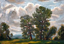 John Brown (20th century) Scottish, Trees in a cloudy landscape, oil on board, 10