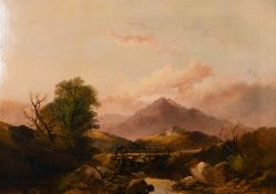 Joseph Horlor (1834-1886) British, Wayfarers crossing a bridge in a mountainous landscape, signed,