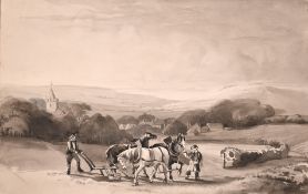 A ploughing scene, monochrome watercolour, 7